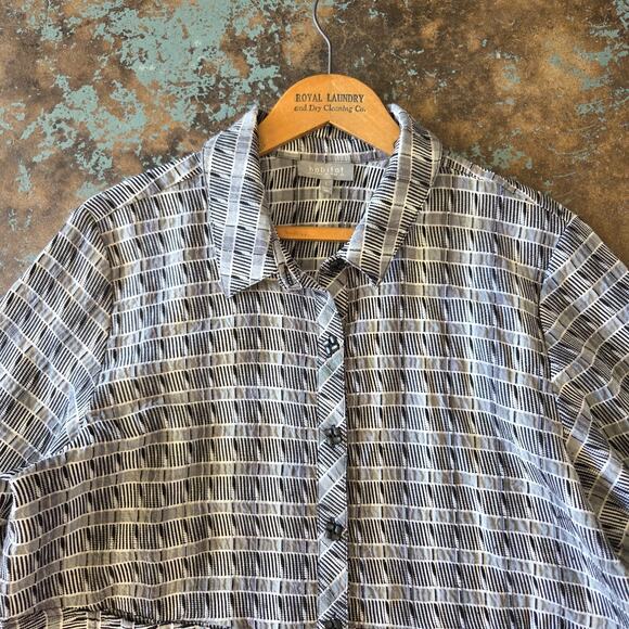 Habitat Boxy Fit Top Size L Black White Plaid Button Up 3/4 Sleeve Textured - Picture 2 of 9